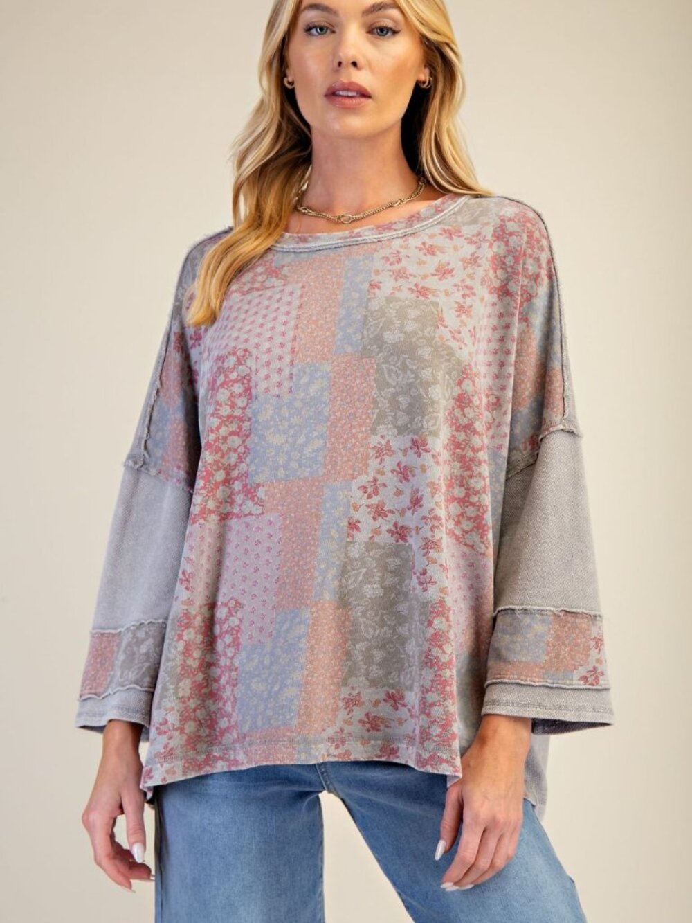 EASEL PATCHWORK PRINT MIX WASHED PULLOVER 100% COTTON